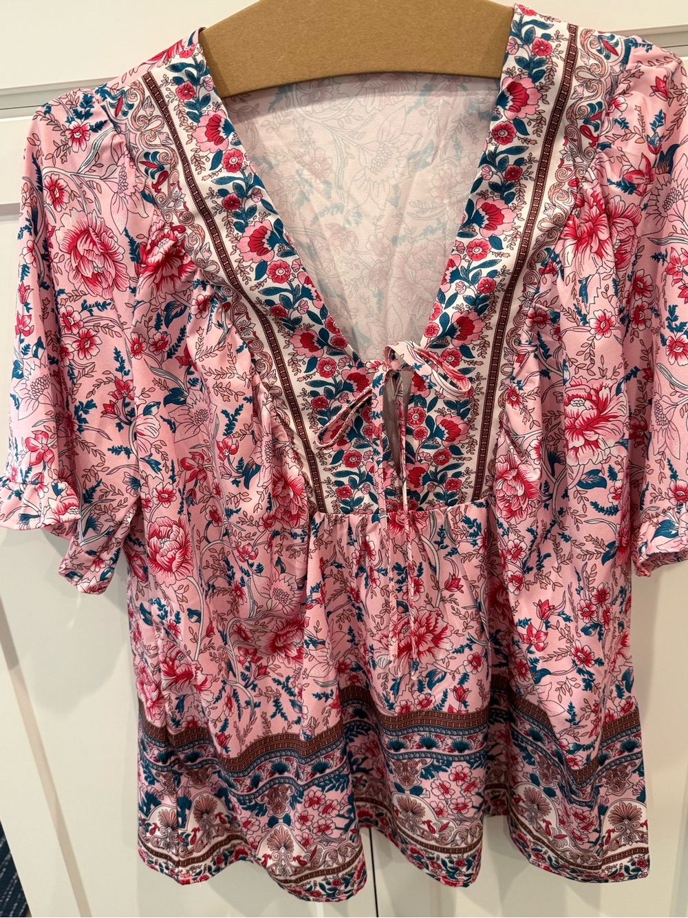 Womens Pink Floral Boho V-Neck Top